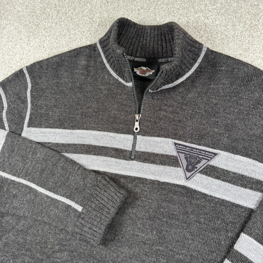 Harley-Davidson Sweater Mens XL Gray Wool Blend Quarter Zip Racing Stripes Logo
